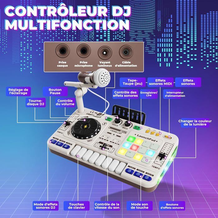 Mezclador de DJ para niños de 3 a 10 años con micrófono, más de 100 efectos de sonido, juguete musical con luces, blanco.