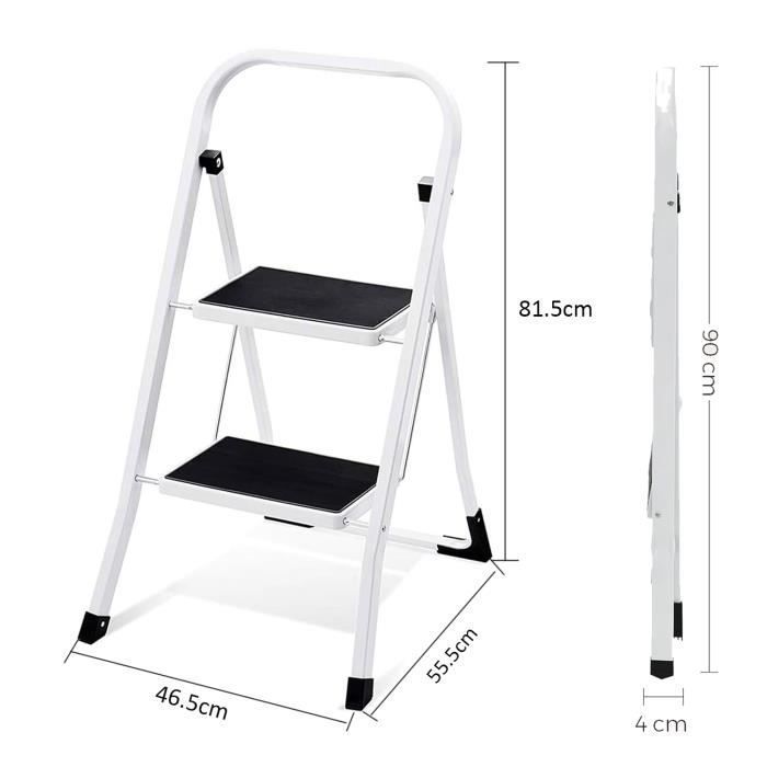 Taburete plegable de 2 peldaños, escalera metálica antideslizante, peldaños de 30 x 20 cm, capacidad de 150 kg, 46,5 x 55,5 x 81,5 cm, blanco