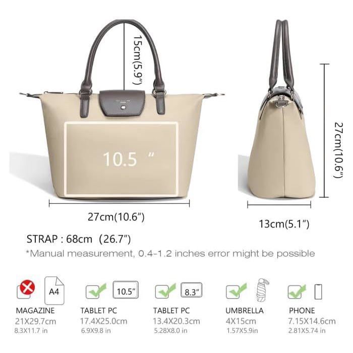 David Jones - Bolso tote de nailon para mujer - Bolso de hombro suave para compras - Tamaño mediano - Beige