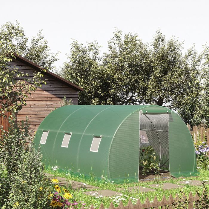 Outsunny tunnelväxthus - 13,5 m² - 6 fönster med blixtlåsdörr - galvaniserad stålram, PE-överdrag - 4,5 x 3 x 2 m grön