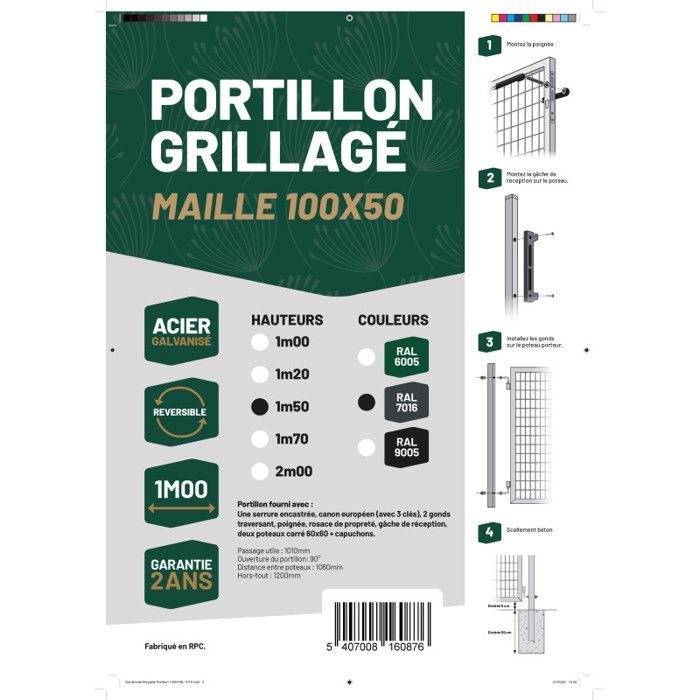 Portillon grillagé en acier galvanisé maille 100 x 50 L 1m x H 1m75 Gris anthracite