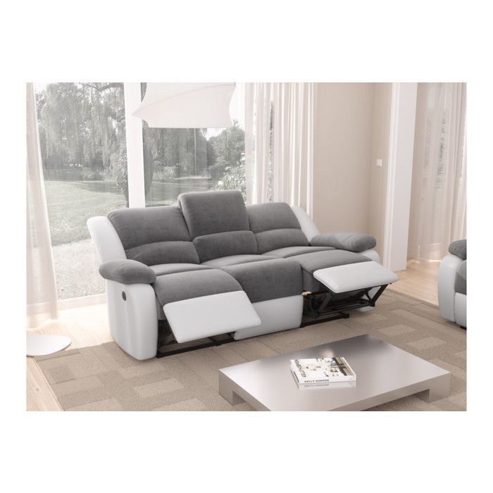 Sofá reclinable eléctrico LEO de 3 plazas en microfibra y piel sintética - Blanco y gris - 193 x 93 x 96 cm - LOUNGITUDE