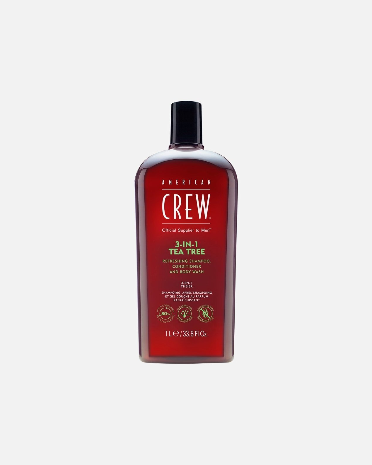 „American Crew“ 3 viename arbatmedžio šampūnas, gaivinantis šampūnas, kondicionierius ir dušo želė – 1000 ml