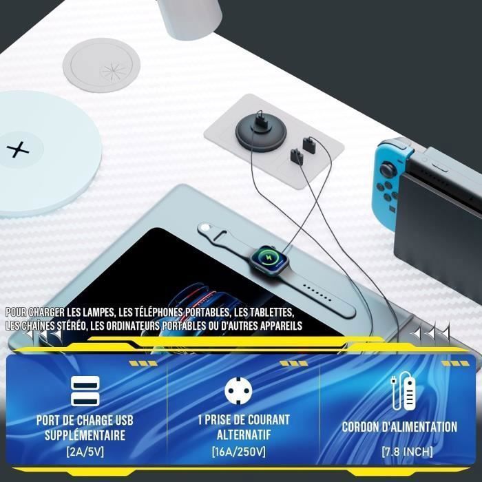 Bureau Gaming en Forme de L Blanc - Étagères Rangement - Port de Charge USB - Prise de Courant