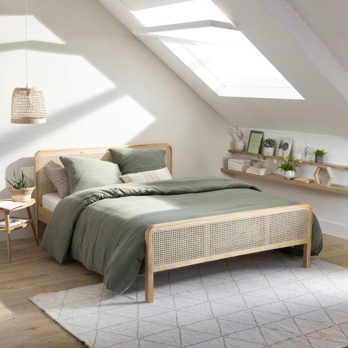 Complete bedroom set with cane bed, chest of drawers, and two natural wood bedside tables (140x190 cm) ANNA - Natural Wood - Terre de Nuit