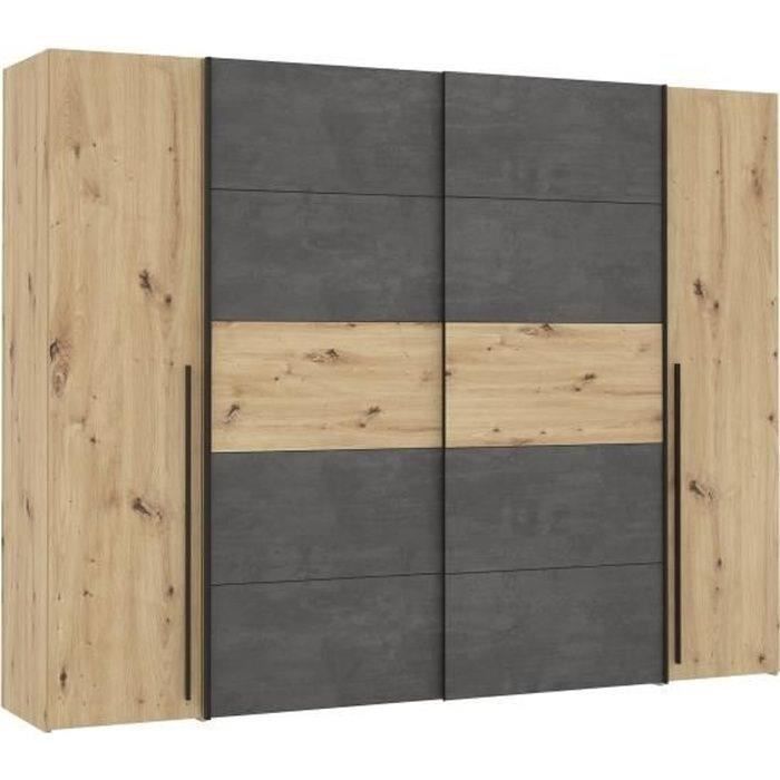 Wardrobe - Artisan oak and grey concrete finish - 2 hinged doors + 2 sliding doors - W 270.3 x D 61.2 x H 210 cm - NARAGO