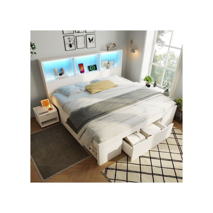 Lit adulte 140x190 cm - Lit double - Avec tête de lit avec LED, USB et Type C - Avec tiroir et chevets - Blanc - Sans matelas