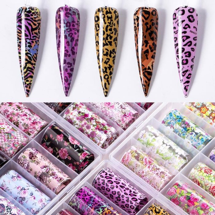 Lot de 10 feuilles à ongles autocollantes motif serpent de Noël, léopard, peau d'animal sauvage, effet scintillant, ciel étoilé, gel