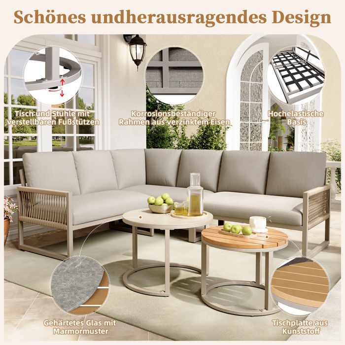 Set di mobili - Set da salotto da giardino - 6-7 posti - divano angolare - ferro zincato - 2 tavolini impilabili, beige