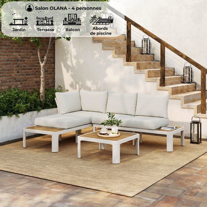 Garden furniture set - OLANA - Aluminium - White and beige - 4 people
