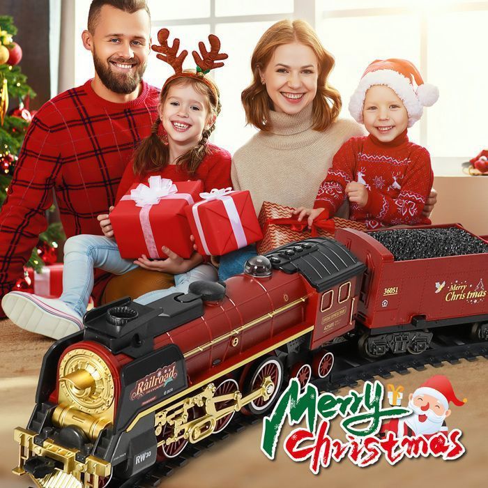 Tren eléctrico infantil con mando a distancia y luces navideñas - Circuito de tren eléctrico - 216 x 99 cm - 5 vagones - Luces y sonidos