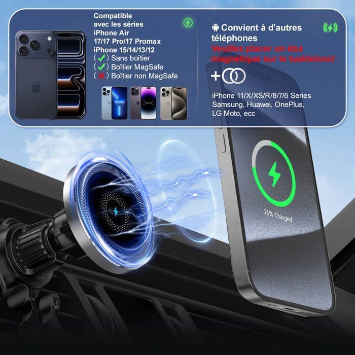 MANKIW 15W MagSafe autolader, magnetische telefoonhouder voor in de auto, draadloze oplader, voor iPhone 17/16/15/14/13/12-serie