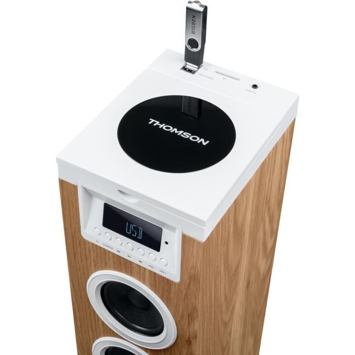 Altavoz de torre - THOMSON - Bluetooth/CD/USB/SD - Blanco/Madera - 60W - Radio FM