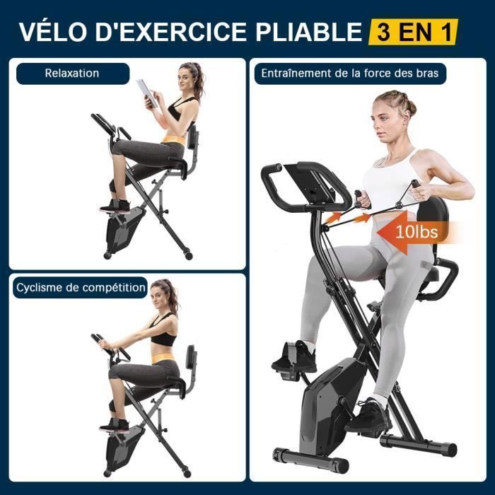 3 en 1 Vélo d'appartement Pliable - 8 Niveaux de Résistance Réglables - Volant d'Inertie 2,5KG - Écran LCD - Siège Réglable