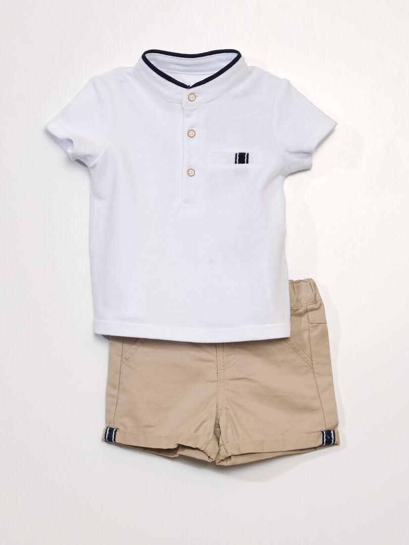 Set 2 piese - Tricou polo + pantaloni scurți din twill - BEJ