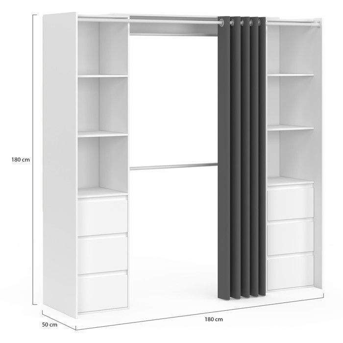 IDMARKET Dressing extensible double MERYL 120/180 cm blanc avec 6 tiroirs + étagères + double penderie + rideau gris
