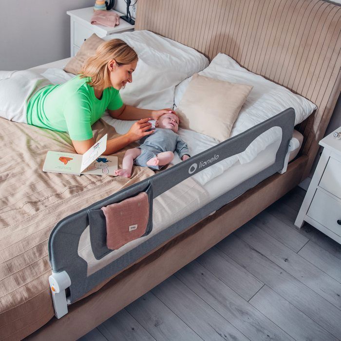Barrière de lit bébé LIONELO Eva - 150 x 42 cm - Pliable - Cadre sûr et stable - Légère - Maille aérée - Gris
