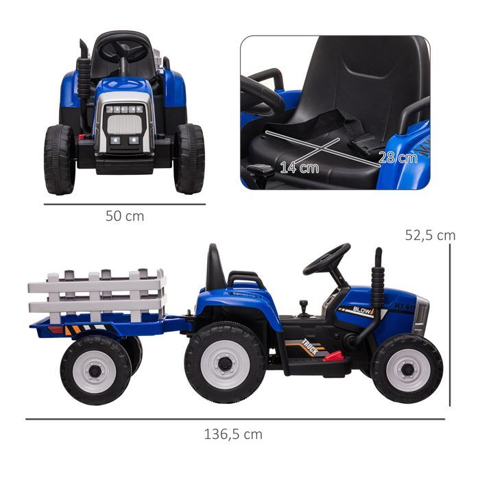 Tractor eléctrico HOMCOM con remolque desmontable, mando a distancia, reproductor de música MP3, pantalla y luces, para niños de 3 a 6 años, color azul.