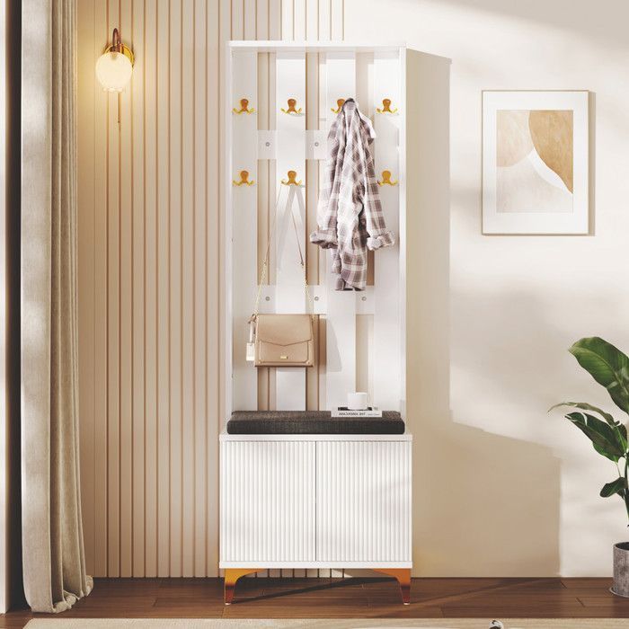 Vestiaire d'entrée avec banc à chaussures et coussin, Meuble a chaussures avec crochets, Meuble entree en blanc, 60.5x35.2x180.5 cm