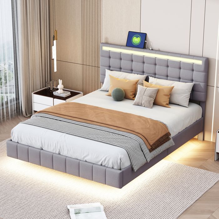 Tweepersoonsbed 140x190 cm - SUNFECILI - Grijs - Met LED-verlichting en USB-aansluiting - Linnen bekleding - Montage vereist