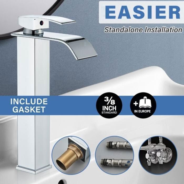 Rubinetto da bagno cromato, miscelatore per lavabo dal design moderno con acqua calda e fredda.