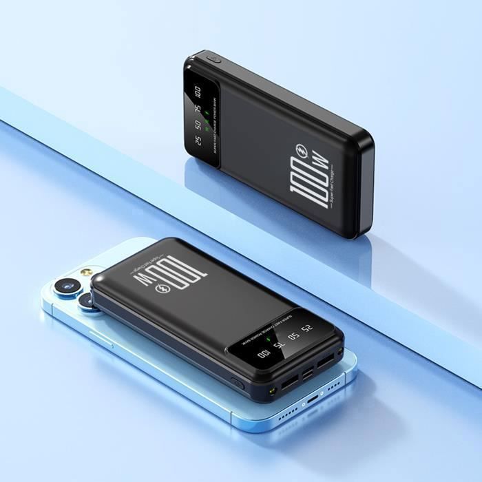 Batteria esterna portatile da 20000 mAh, ricarica rapida da 22,5 W, 4 porte, con display a LED e torcia, per smartphone e tablet - Nera