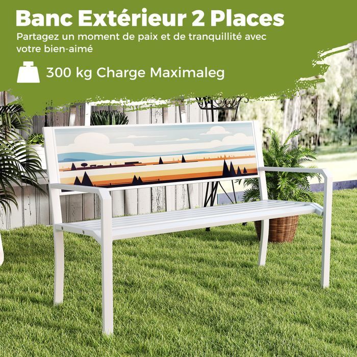COSTWAY 2-Seater Outdoor Metal Garden Bench with Decorative Backrest, Slatted Seat, and Armrests, for Patio, Veranda, and Balcony, White