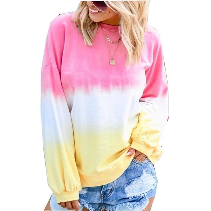 Sudadera de mujer 2025, manga larga con cuello redondo, estampado degradado arcoíris, tendencia primavera/otoño - Rosa