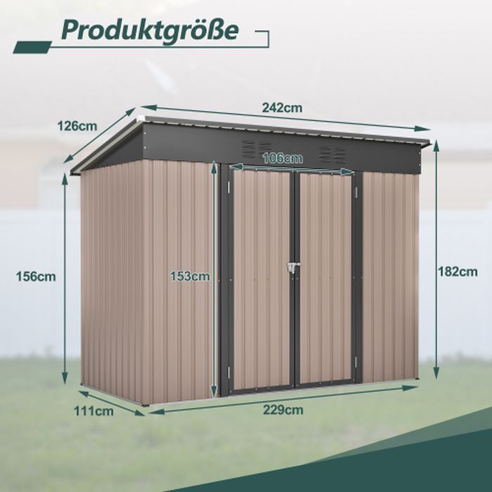 Metalen tuinschuur 2,54 m² - 229 x 111 x 182 cm - weerbestendige tuinschuur, bruin