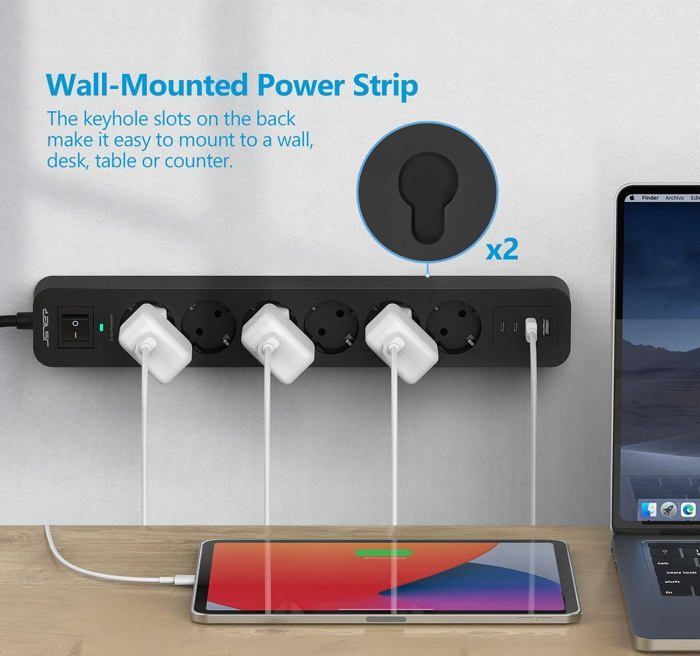 Regleta protectora contra sobretensiones USB de 6 tomas con 2 puertos USB-A + 2 puertos USB-C + cargador (5V 3.4A)
