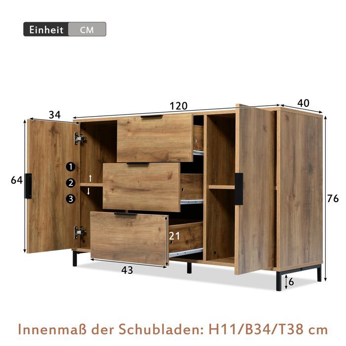 Commode met 2 deuren, 3 lades en verstelbare planken, geschikt voor de slaapkamer, eetkamer en woonkamer, eikenhout