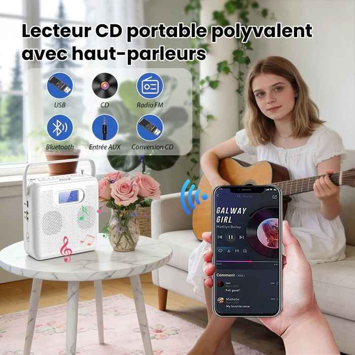 Lecteur CD Portable Bluetooth USB Radio FM avec Conversion MP3, AUX-In, Haut-parleurs Stéréo