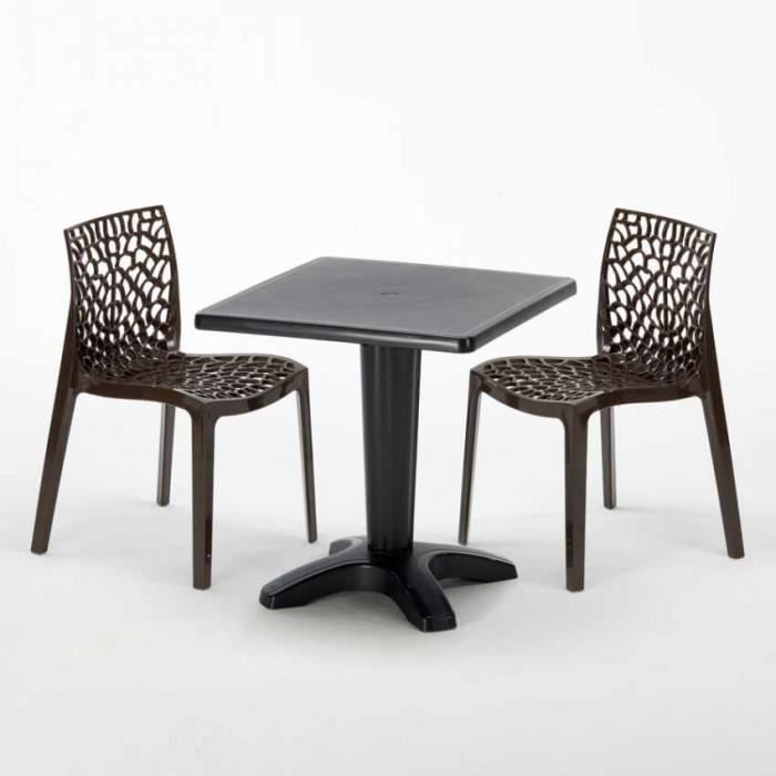 Table Carrée Noire 70x70cm Avec 2 Chaises Colorées Grand Soleil Set Bar Café Gruvyer Aia - Marron
