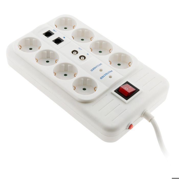Regleta Schuko de 8 tomas con funciones de FILTRO, TV, ADSL y FAX - Blanca - Zenitech
