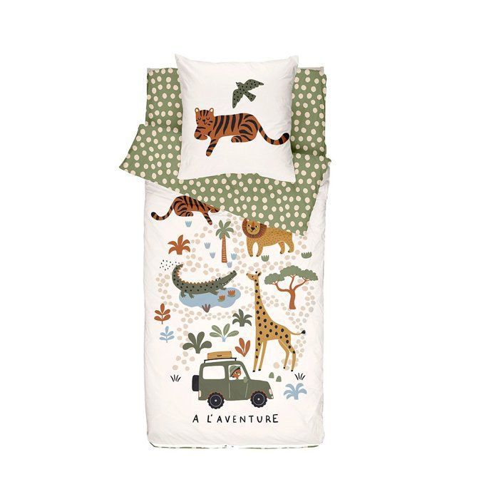 Caradou® Jungle Light Green Children's Bedding Set in Cotton, 4 Pieces: All-in-one bed with duvet - 90x190cm - BLUE CALIN