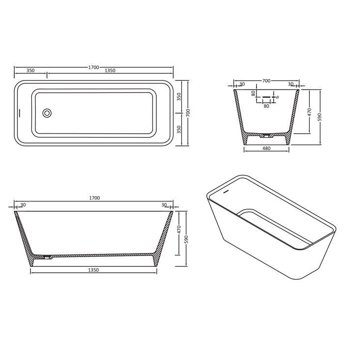 Freestanding rectangular bathtub in matte white mineral cast iron, 170x70x58cm - Mai & Mai - Nano anti-limescale