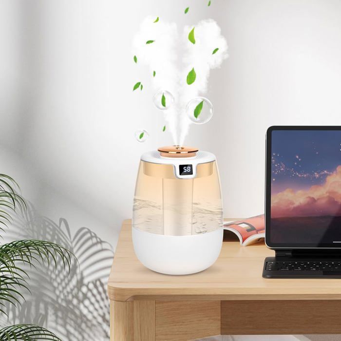 Umidificatore d'aria da 1,8 litri con display intelligente dell'umidità, ultra silenzioso (20 dB), autonomia di 20 ore, luce LED, spegnimento automatico.