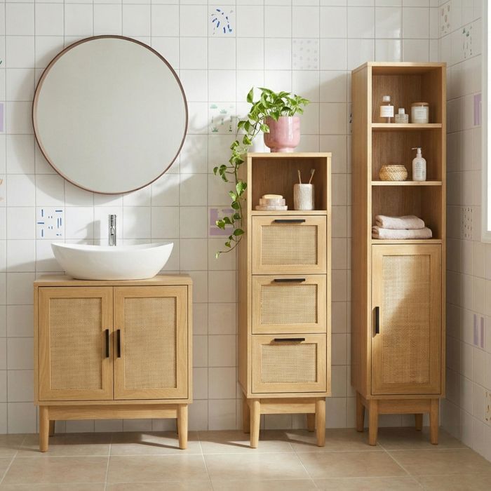 Meuble sous vasque AMANA effet chêne et cannage rotin l60cm - Bois