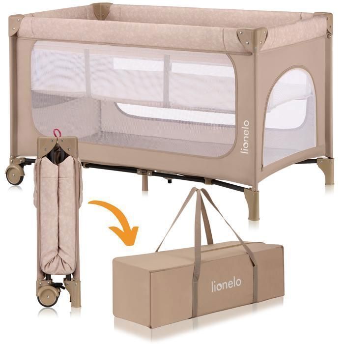 Cuna de viaje 2 en 1 LIONELO Jasmin - Parque infantil - Colchón de alta densidad - Plegado rápido - 2 ruedas - Hasta 15 kg - Beige