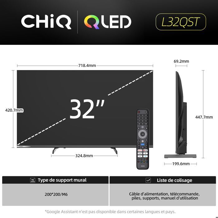 CHiQ L32QST Téléviseur Intelligent 32 Pouces QLED avec Google TV,Pleine HD HDR10,Son Dolby Audio & DBX-TV,Chromecast Intégré