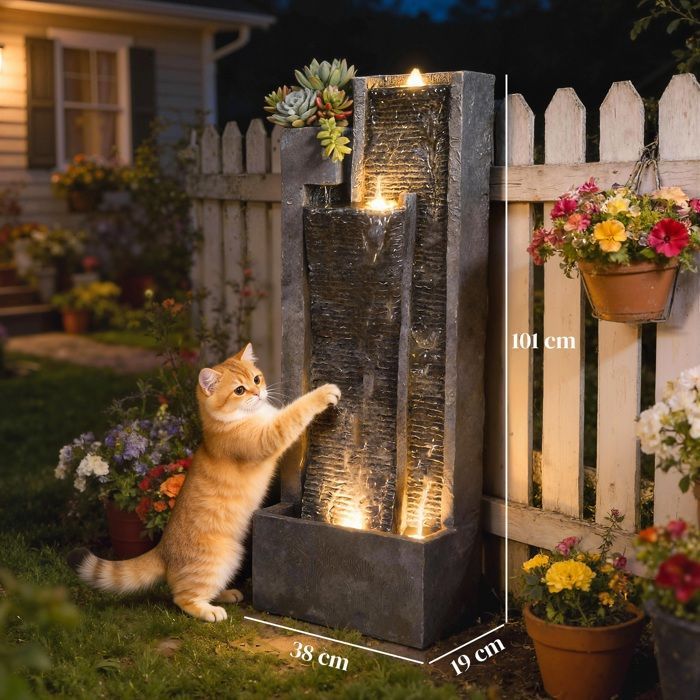 Fuente de jardín exterior, cascada de 3 niveles, moderna jardinera iluminada y pared de agua con 24 LED, 101 cm, gris.