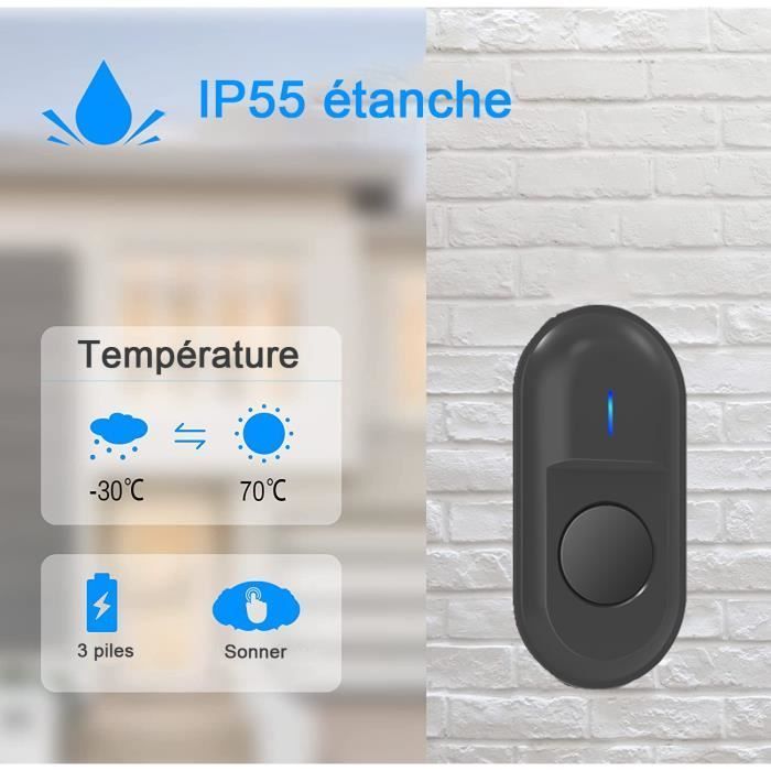 Timbre inalámbrico de 300 m, resistente al agua IP55, con receptor enchufable para el hogar, 55 melodías, LED negro.