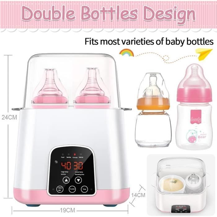 Draagbare 6-in-1 babyflesverwarmer, multifunctionele sterilisator met lcd-display en snelle verwarming, roze