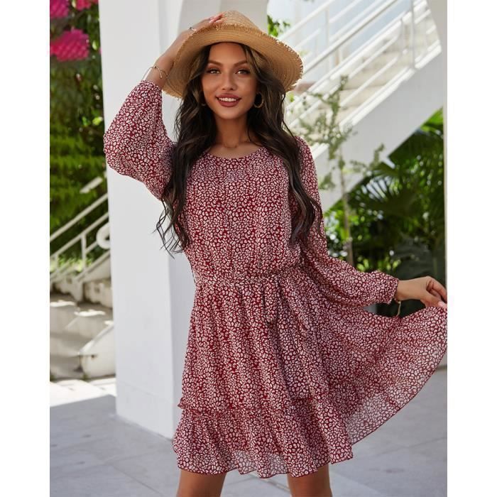 Vestido de mujer tallas S-XL, vestido estampado de cuello redondo, falda de manga larga para mujer, rojo, primavera-verano.