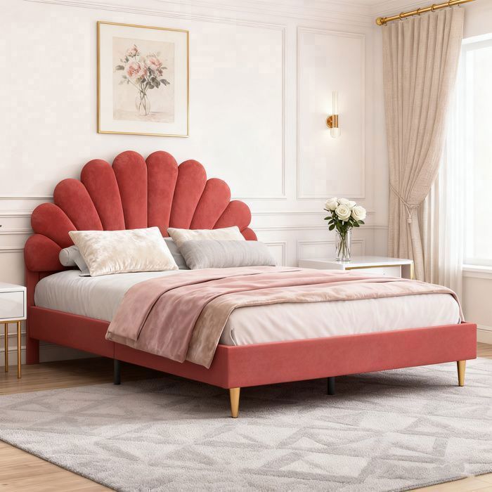 Cama POCKETPOP de 140x190cm en terciopelo burdeos - Estructura de madera y metal, base de láminas, cabecero con forma de pétalo, doble