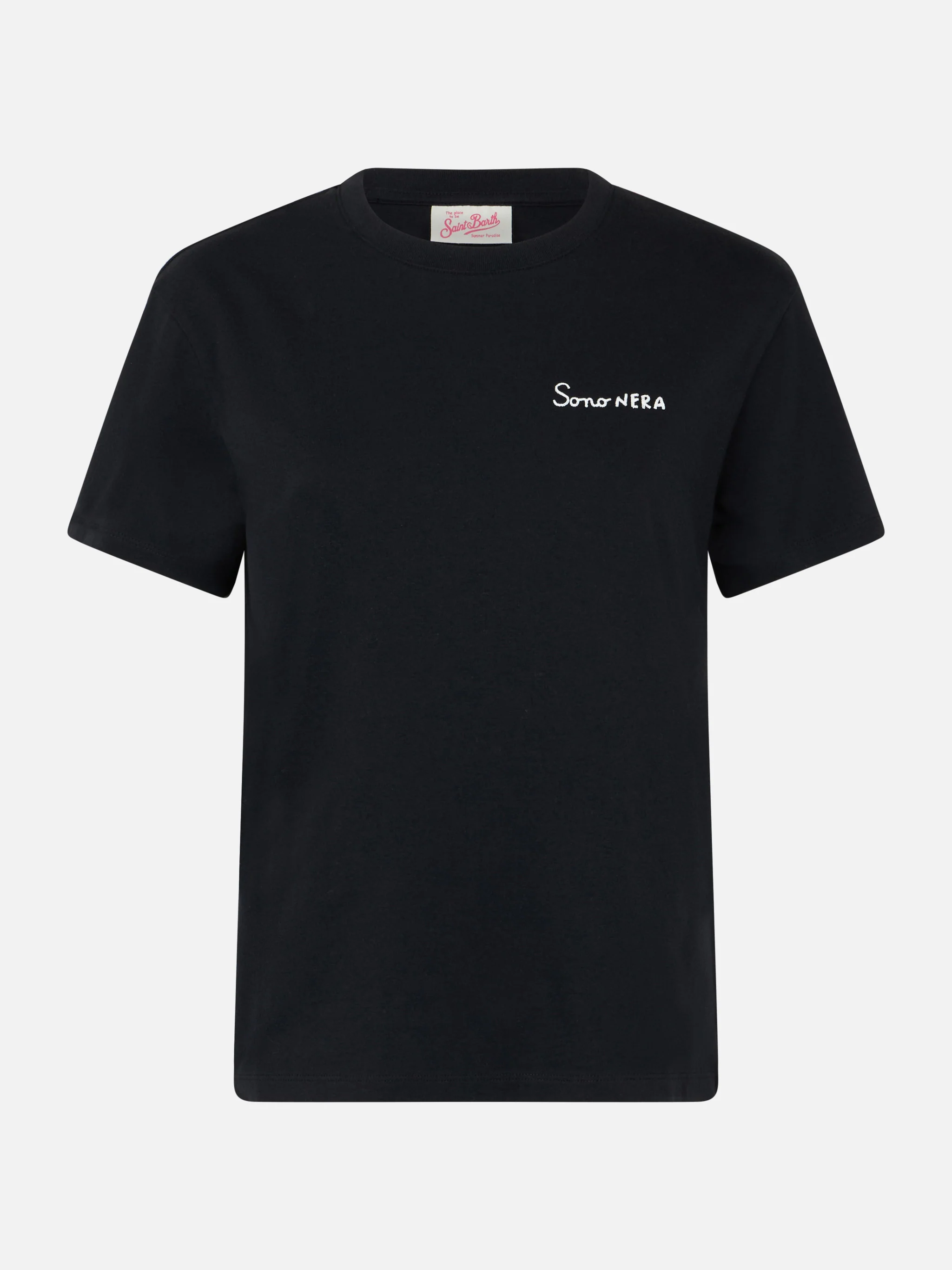 Emilie dames T-shirt met ronde hals, gemaakt van zwarte katoenen jersey, met borduurwerk.