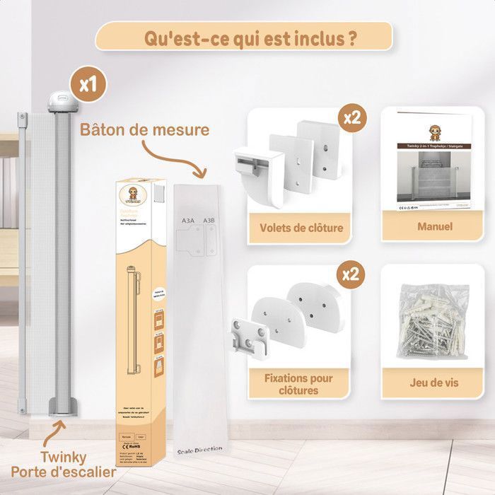 Twinky® Barrière Rétractable Bébé & Chien | Sécurité Escaliers & Maison | Protection Enfant | Design Gris 80x130 cm