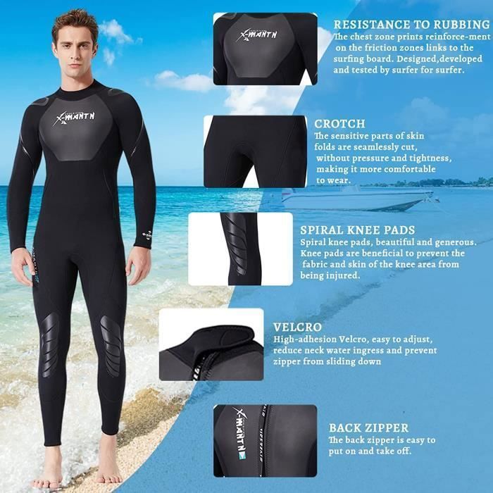 Traje de neopreno de manga larga de 3 mm para hombre, ideal para surf, snorkel, natación y buceo - Talla XL