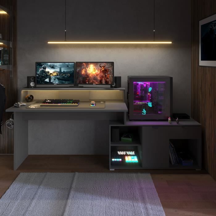 Escritorio modular de esquina con iluminación LED - WORTEX - Gris sombra - 167,7/229,2 x 59,7/109,7 x 94,8 cm - PARISOT