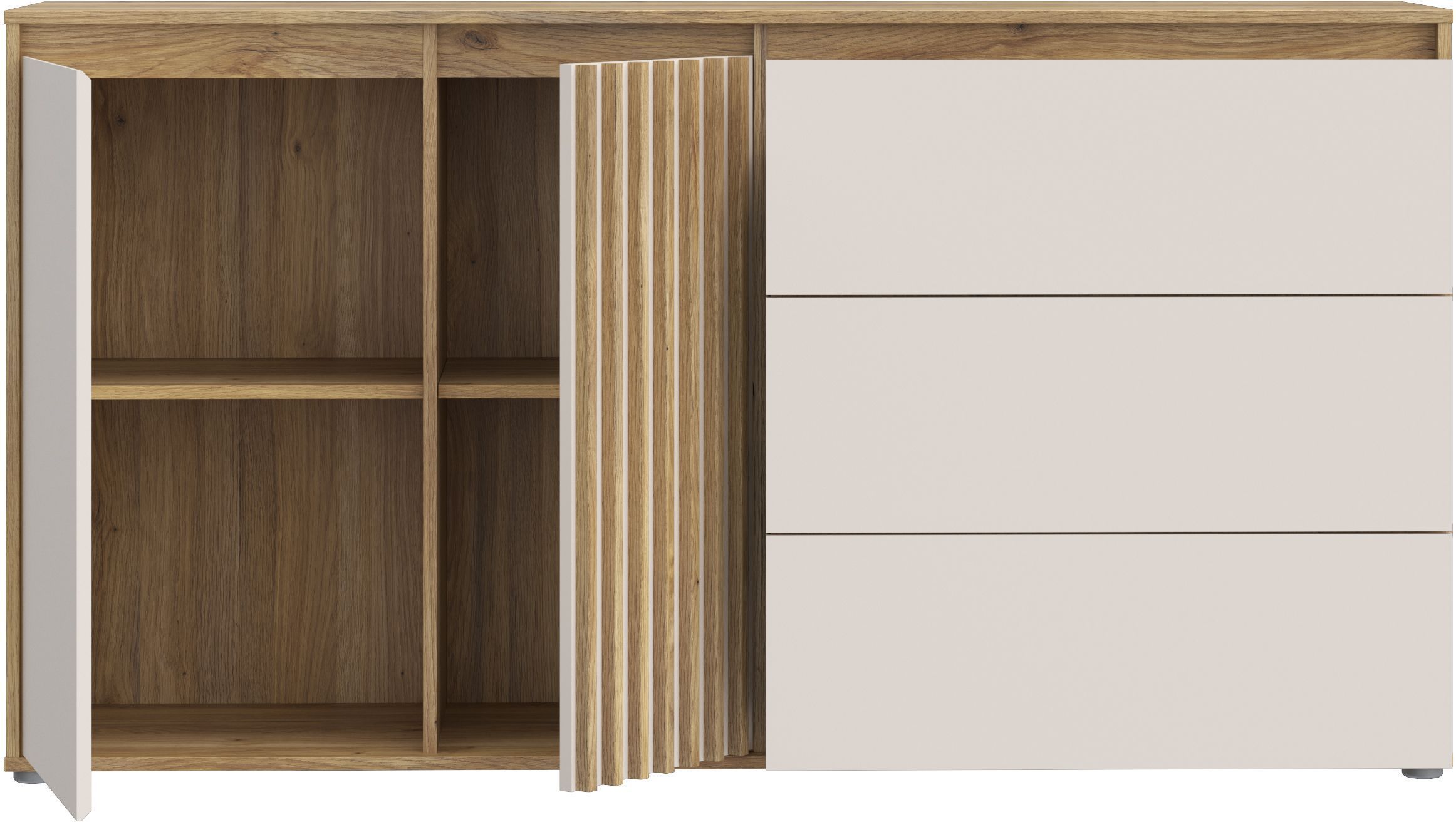 Buffet ELISTON - Blanc Mat & Chêne – 2 Portes + 3 Tiroirs – L 159,6 × P 41,5 × H 81,7 cm
